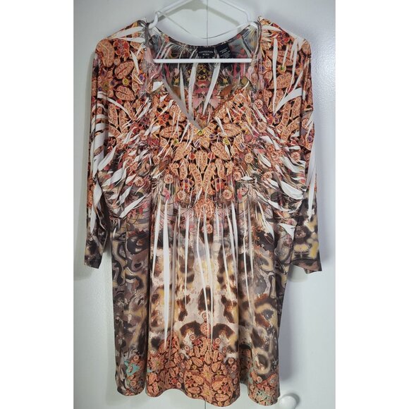 CANYON RIVER BLUES Womens Plus SZ 1X Artsy Stretch Tunic V Neck Top 3/4 Sleeve - Picture 1 of 7
